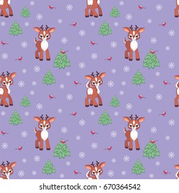 Baby colorful seamless pattern with the image of a cute little fawn. Vector Christmas background.