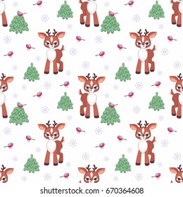 Baby colorful seamless pattern with the image of a cute little fawn. Vector Christmas background.