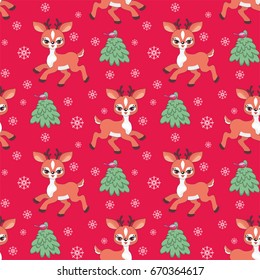 Baby colorful seamless pattern with the image of a cute little fawn. Vector Christmas background.