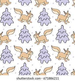 Baby colorful seamless pattern with the image of a cute forest animals. Vector Christmas background.