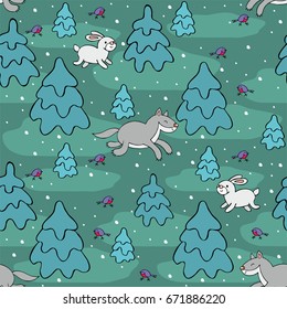 Baby colorful seamless pattern with the image of a cute forest animals. Vector Christmas background.