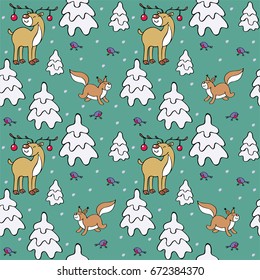 Baby colorful seamless pattern with the image of a cute deer and forest animals. Vector Christmas background.