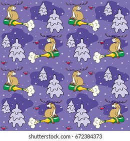 Baby colorful seamless pattern with the image of a cute deer and forest animals. Vector Christmas background.