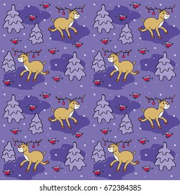 Baby colorful seamless pattern with the image of a cute deer and forest animals. Vector Christmas background.