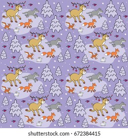 Baby colorful seamless pattern with the image of a cute deer and forest animals. Vector Christmas background.