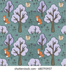 Baby colorful seamless pattern with the image of a cute forest animals. Vector Christmas background.