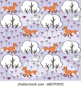 Baby colorful seamless pattern with the image of a cute forest animals. Vector Christmas background.