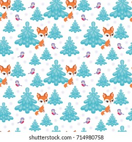 Baby colorful seamless pattern with the image of cute woodland animals. Winter background.