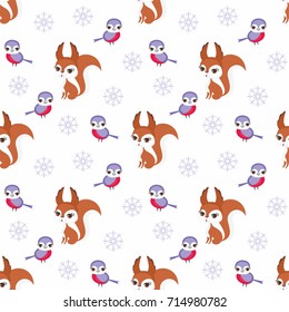 Baby colorful seamless pattern with the image of cute woodland animals. Winter background.