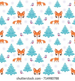Baby colorful seamless pattern with the image of cute woodland animals. Winter background.