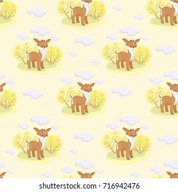 Baby colorful seamless pattern with the image of cute woodland animals and autumn trees. Vector background.