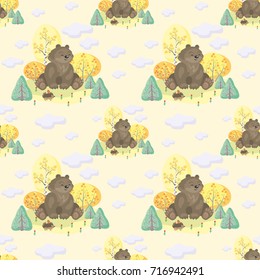 Baby colorful seamless pattern with the image of cute woodland animals and autumn trees. Vector background.