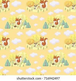 Baby colorful seamless pattern with the image of cute woodland animals and autumn trees. Vector background.