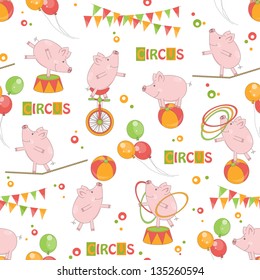 Baby colorful seamless pattern . Little cute pig playing with ball and hula hoop, ride a bicycle, walk on rope.