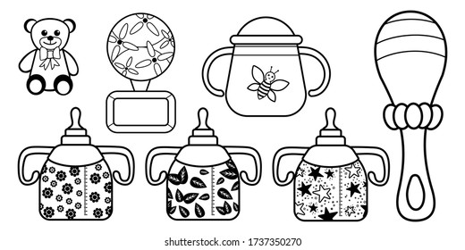 Baby coloring kit. Contour drawing. Bottle, rattle, bear toy. Baby sets. Vector black and white coloring book page.