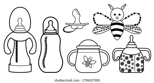 Baby coloring kit. Contour drawing. Bottle, pacifier, rattle