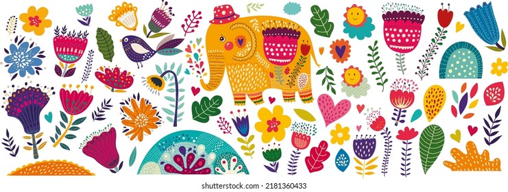 Baby colourful cute elements collection with flowers and elephant