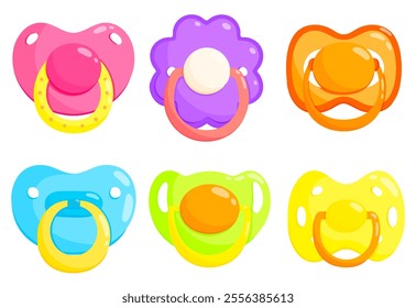 Baby colourful dummy set of vector illustrations. Pacifier, soother, teether, comforter. Front view