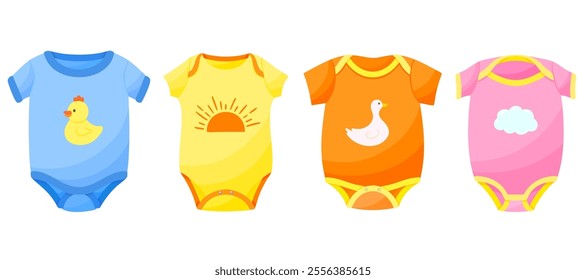 Baby colourful onesies set of vector illustrations. Infant clothing, newborn wear, apparel, bodysuit