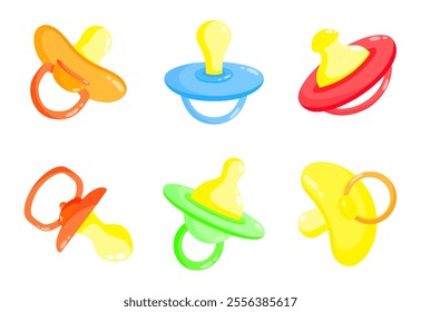 Baby colourful pacifiers set of vector illustrations. Dummy, soother, teether, binky, baby comforter