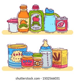 Baby complementary food vector illustration. First meal for babies is standing on shelves. Baby bottles, puree jars, sippy cups and boxes with porridge