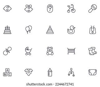 Baby concept. Collection of modern high quality baby line icons. Editable stroke. Premium linear symbol for web sites, flyers, banners, online shops and companies. 