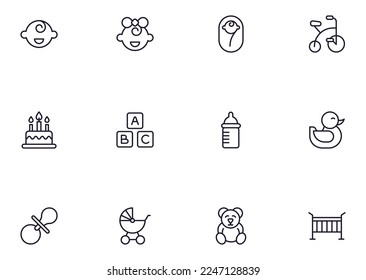 Baby concept. Collection of modern high quality baby line icons. Editable stroke. Premium linear symbol for web sites, flyers, banners, online shops and companies. 