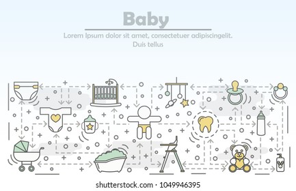 Baby concept vector illustration. Modern thin line art flat style design element with newborn baby care symbols, icons for website banners and printed materials.