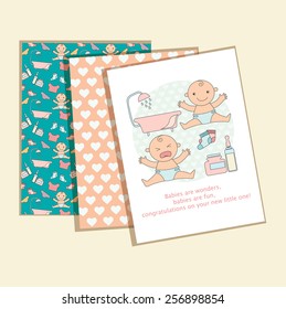 Baby Congratulations Cards. vector on wood background. Place for text. Pattern is complete (masked). Use for invitations.
