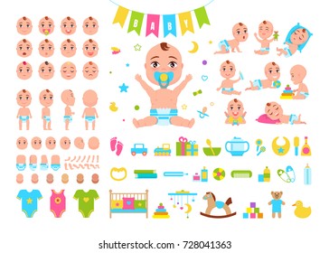 Baby Constructor Icons Of Kids Expression, Parts Of Body, Clothes And Toys As Well As Different Activities On Vector Illustration Isolated On White