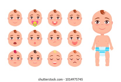 Baby constructor poster with cute newborn child showing different emotions with pacifier, bald and cute hairstyle on head vector cartoon illustration