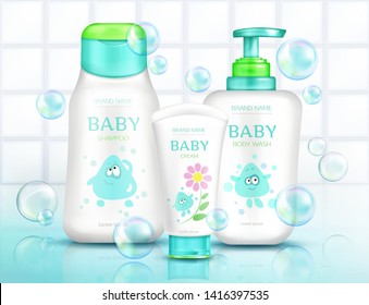 Baby Cosmetics Bottles With Kids Design And Flying Soap Bubbles, Plastic Tubes Mockup Of Cream, Shampoo, Foam With Cartoon Character On White Bathroom Tiled Background Realistic 3d Vector Illustration