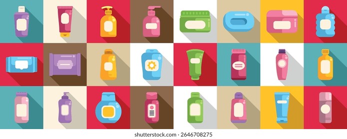 Ícones de cosméticos para bebês definidos. Garrafas e pacotes cosméticos sortidos em um layout de grade vibrante