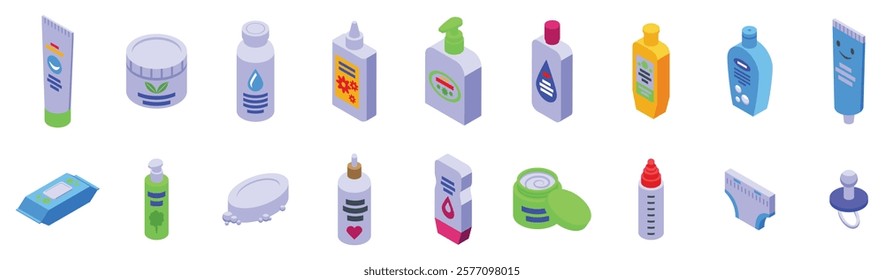  Baby cosmetics icons set. Essential toiletries for newborns, providing comfort and protection for delicate skin