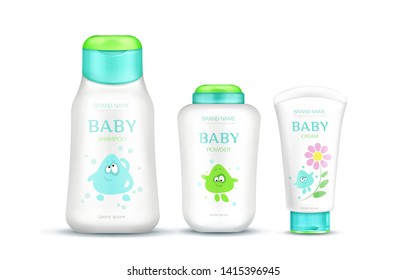 Baby Cosmetics Package Set With Kids Design, Plastic Bottles Mock Up Of Cream, Shampoo, Soap, Foam, Moisturizer With Cartoon Character Isolated On White Background. Realistic 3d Vector Illustration