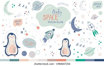 Baby cosmic collection. Hand drawn set of vector illustrations with astronauts, rockets, stars and planets. Good for baby nursery decor, baby shower, posters, kids clothes, books, textile.