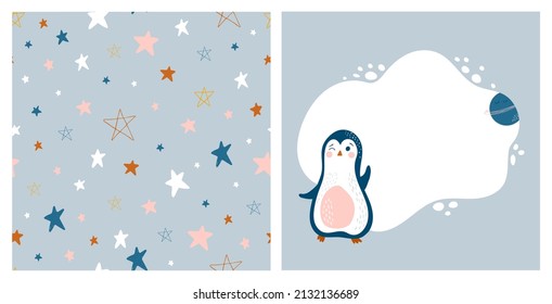 Baby cosmic set with penguin and stars. Vector seamless pattern and cute frame in simple hand drawn style. Cute illustrations for interior decorating, fabric, clothes, baby shower decor.