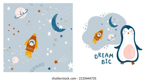 Babykosmischer Satz nahtloser Muster und Poster mit Pinguinrakete, Mond, Planeten und Sternen. Handgezeichnete Vektorgrafiken. Frische Drucke für die Innendekoration, Stoff, Geburtstagsgeschmack.