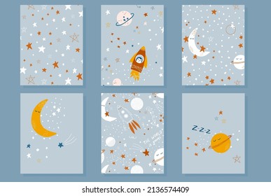 Baby cosmic theme cards. Cute vector illustrations with stars, moon, rocket and planets. Hand drawn prints for baby clothes, textile, postcards, posters, scrapbooking.