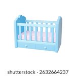 Baby cot 3d model. Newborn bed with mattress, sleep place for toddler. Isolated nursery furniture, plastic realistic design, vector icon