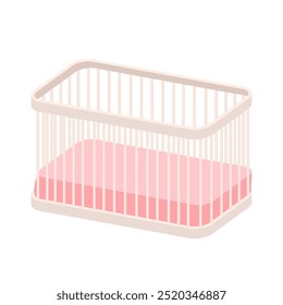 Berço de bebê para quarto em design plano. Berço de madeira com colchão rosa. Ilustração vetorial isolada.