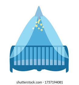 A baby cot in blue tones is isolated on a white background. Vector illustration in flat style.