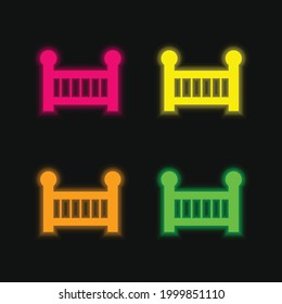 Baby Cot four color glowing neon vector icon