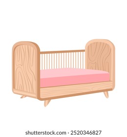 Baby cot with pink mattress in flat design. Crib for toddler bedroom. Vector illustration isolated.