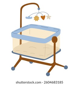 Baby cot with rocking mechanism and mobile. Baby accessories. Baby sleep device. Newborn room furnishings. Vector illustration isolated on transparent background.