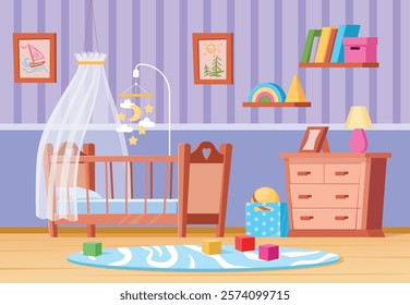 Baby cot room. Nursery bedroom interior with dresser and crib bed for newborn sleep, child home furniture kid play cute childish decoration, cartoon flat tidy vector illustration original artwork