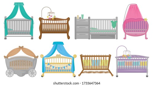 Baby cot vector illustration on white background. Vector cartoon set icon crib bed. Isolated cartoon set icon baby cot.