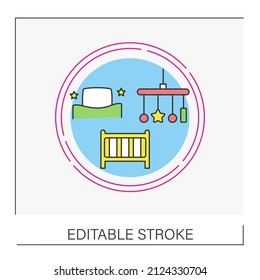  Baby cotconcept line icon. Decorated small bed for newborns. Toddlers cot. Baby products. Vector isolated conception metaphor illustration.Editable stroke