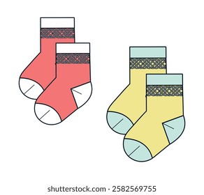 Baby cotton socks vector mockup template technical flat design