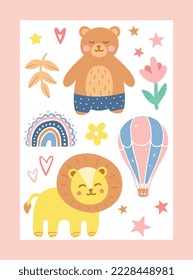 Baby cover concept. Cute lion and bear next to rainbow and balloon. Fauna and flora. Adorable and cute characters, toys and mascots for kids. Stars and love. Cartoon flat vector illustration